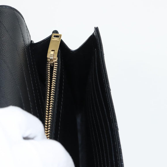SAINT LAURENT V Stitch Chain Long Wallet Leather Black Gold Auth bs19416A
