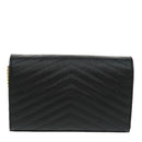 SAINT LAURENT V Stitch Chain Long Wallet Leather Black Gold Auth bs19416A-2
