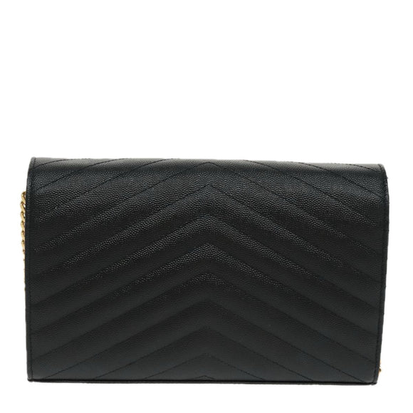 SAINT LAURENT V Stitch Chain Long Wallet Leather Black Gold Auth bs19416A