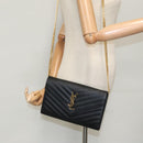 SAINT LAURENT V Stitch Chain Long Wallet Leather Black Gold Auth bs19416A-30