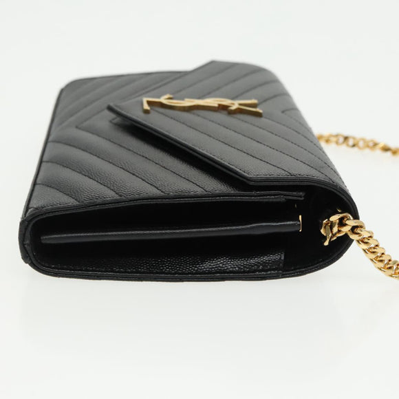 SAINT LAURENT V Stitch Chain Long Wallet Leather Black Gold Auth bs19416A
