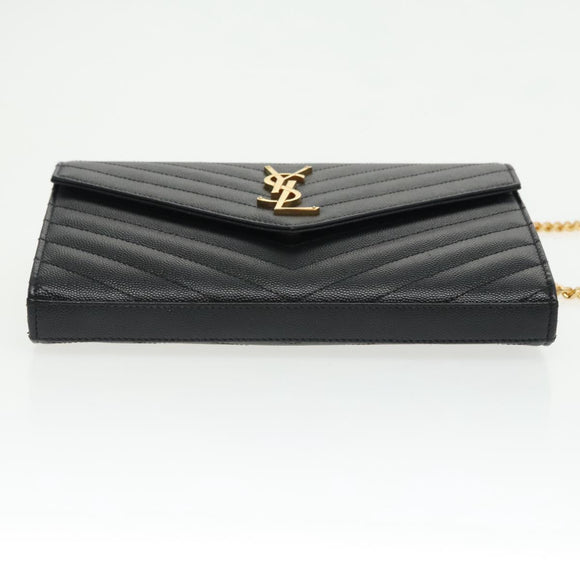 SAINT LAURENT V Stitch Chain Long Wallet Leather Black Gold Auth bs19416A