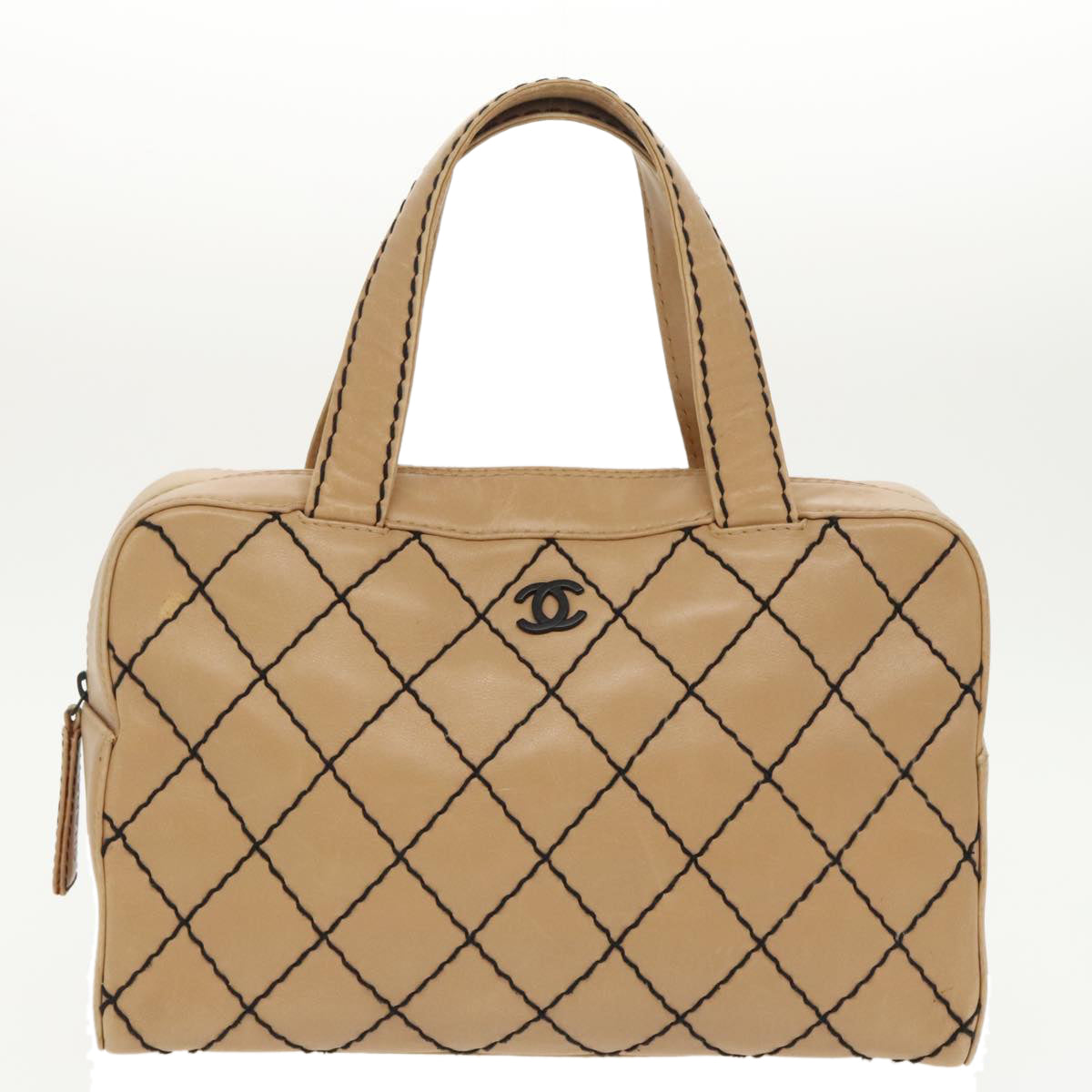 CHANEL Matelasse Wild Stitch Hand Bag Leather Beige CC Auth bs19424