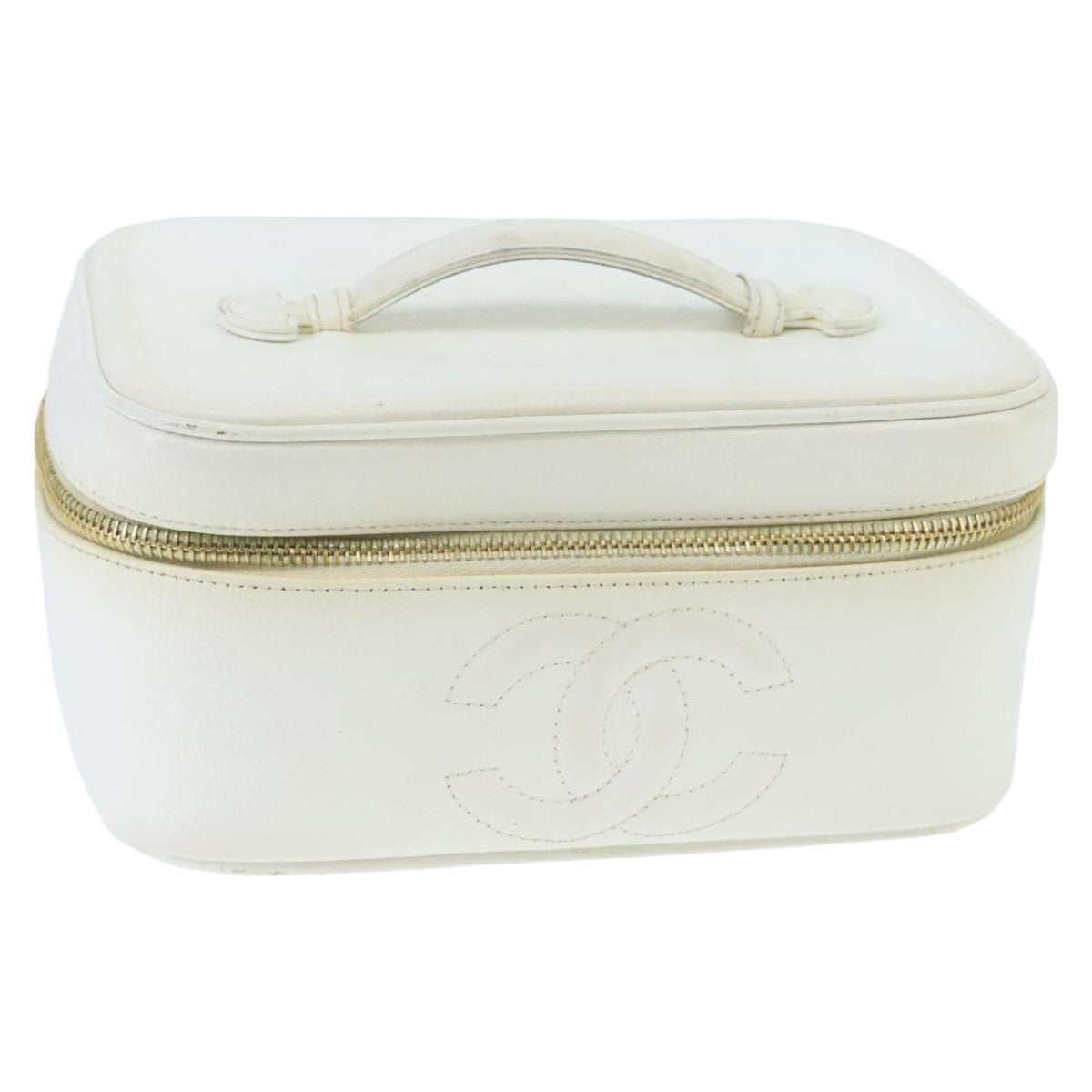 CHANEL COCO Mark Vanity Pouch Caviar Skin White Gold CC Auth bs19425