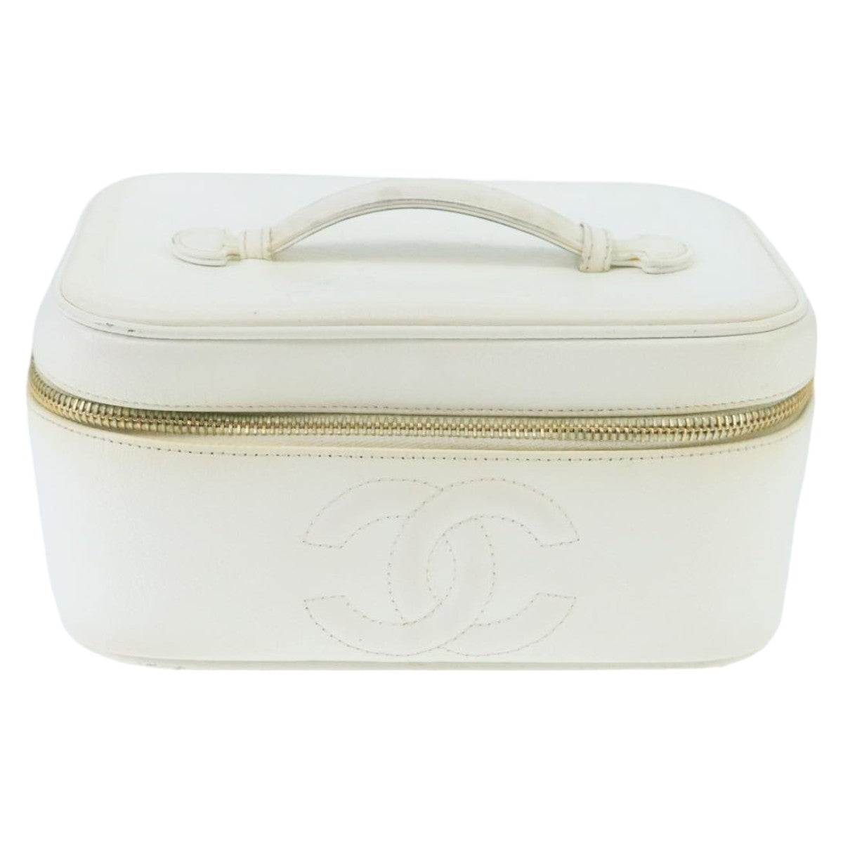 CHANEL COCO Mark Vanity Pouch Caviar Skin White Gold CC Auth bs19425