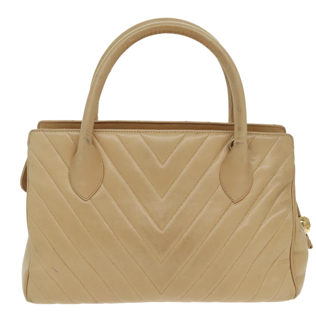 CHANEL V Stitch Hand Bag Leather 2way Beige Gold CC Auth bs19426 - 0