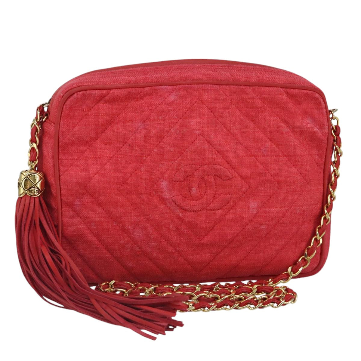 CHANEL Chain Shoulder Bag Canvas Red Gold CC Auth bs19429