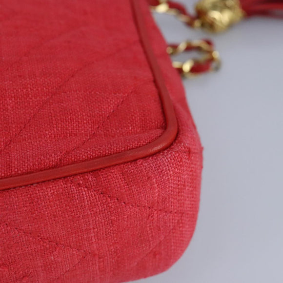 CHANEL Chain Shoulder Bag Canvas Red Gold CC Auth bs19429