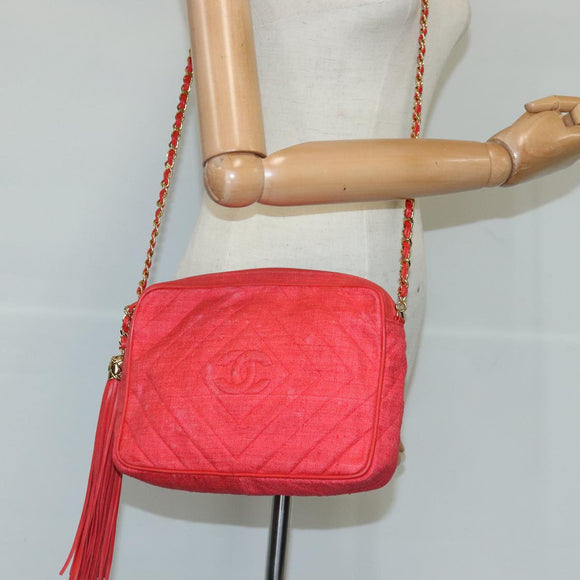 CHANEL Chain Shoulder Bag Canvas Red Gold CC Auth bs19429