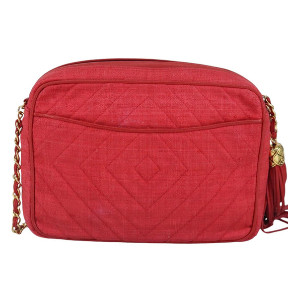 CHANEL Chain Shoulder Bag Canvas Red Gold CC Auth bs19429