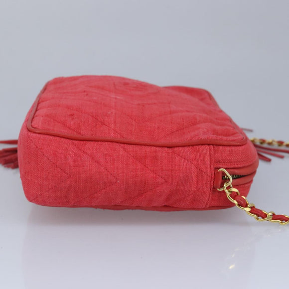CHANEL Chain Shoulder Bag Canvas Red Gold CC Auth bs19429