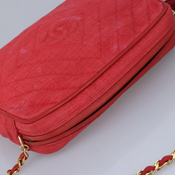 CHANEL Chain Shoulder Bag Canvas Red Gold CC Auth bs19429