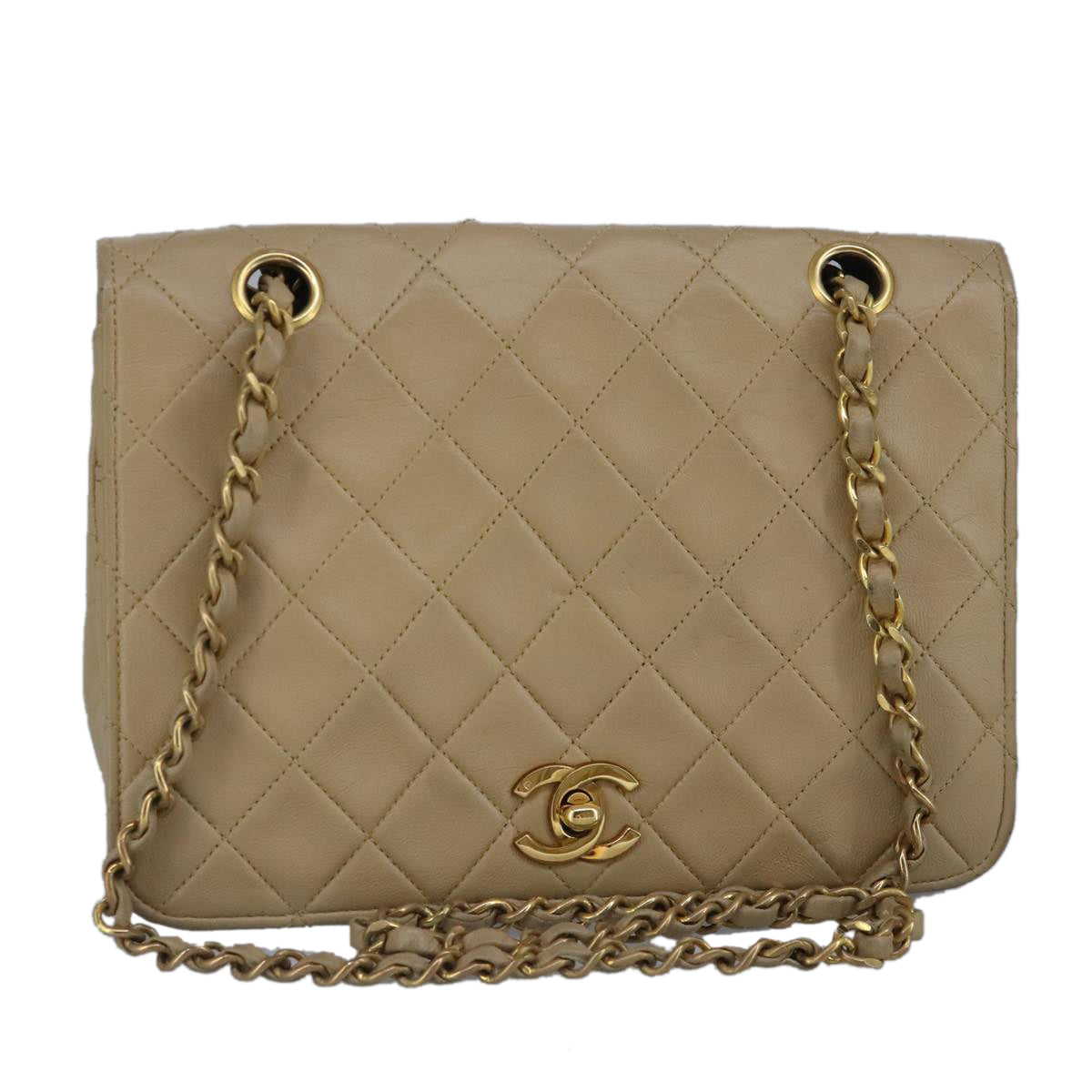 CHANEL Matelasse Chain Hand Bag Lamb Skin Beige Gold CC Auth bs19431