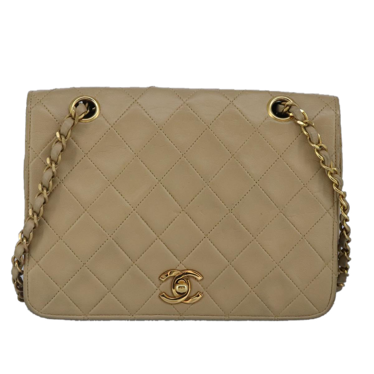 CHANEL Matelasse Chain Hand Bag Lamb Skin Beige Gold CC Auth bs19431