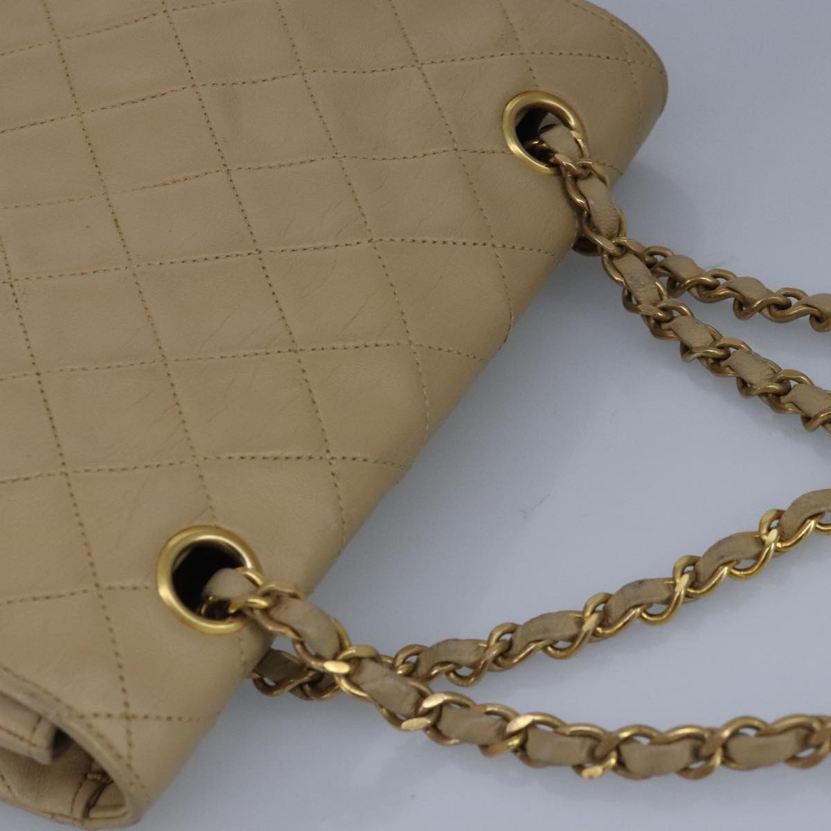 CHANEL Matelasse Chain Hand Bag Lamb Skin Beige Gold CC Auth bs19431