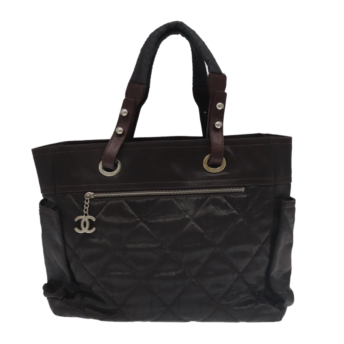 CHANEL Paris Biarritz Tote Bag Coated Canvas Brown Silver CC Auth bs19435 - 0