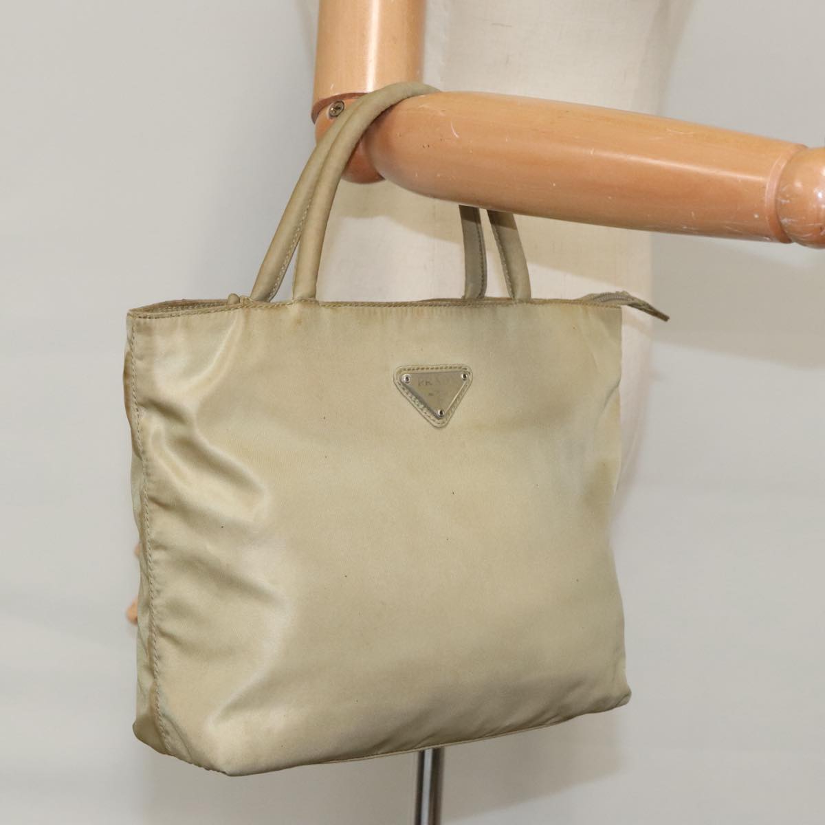 PRADA Tote Bag Nylon Beige Silver Auth bs19437