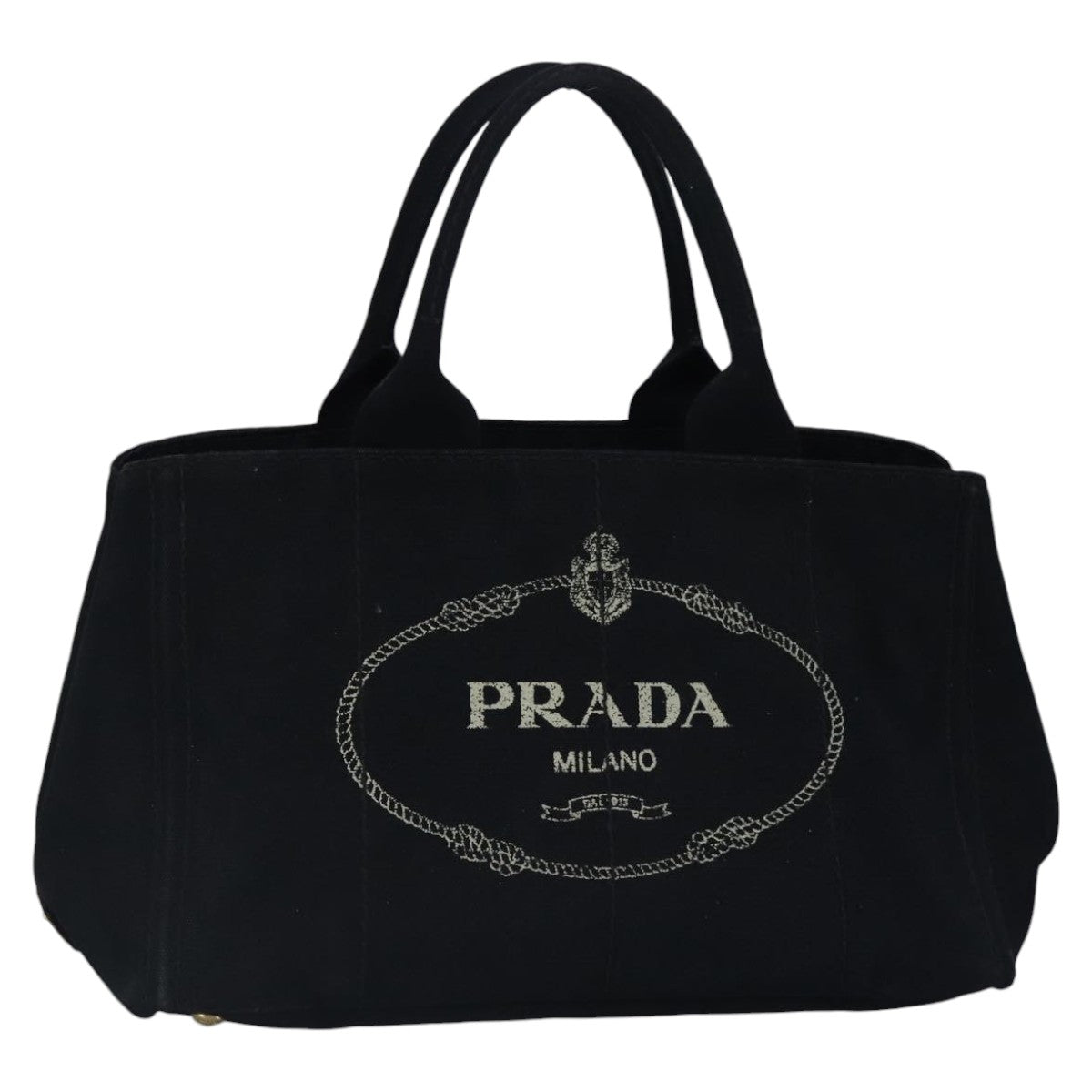 PRADA Canapa MM Hand Bag Canvas Black Gold Auth bs19438