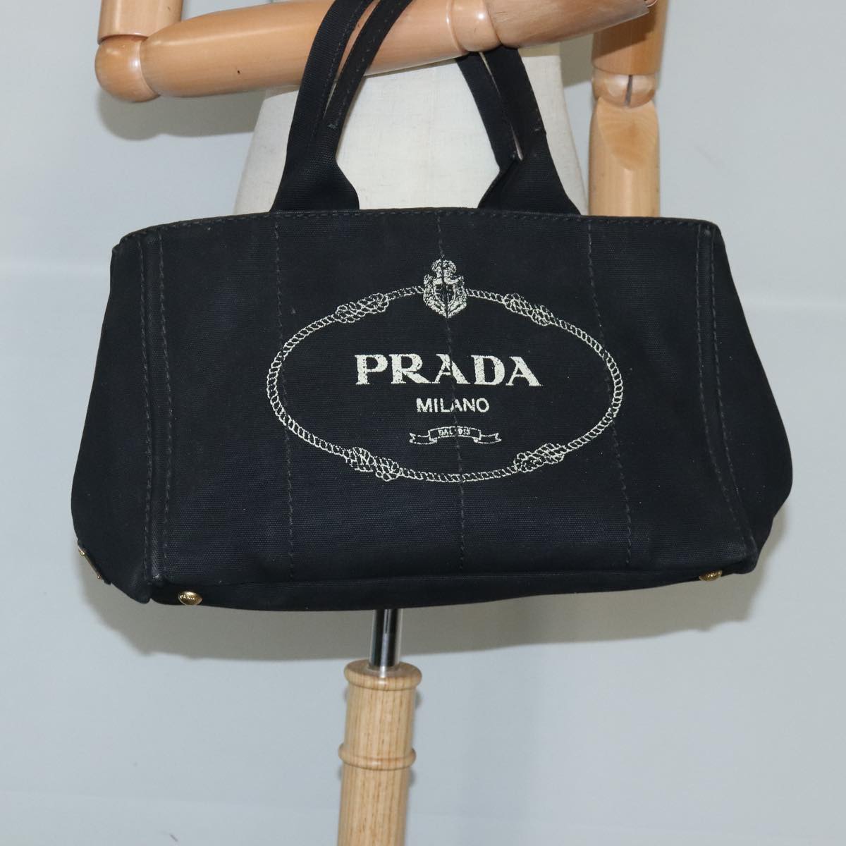 PRADA Canapa MM Hand Bag Canvas Black Gold Auth bs19438