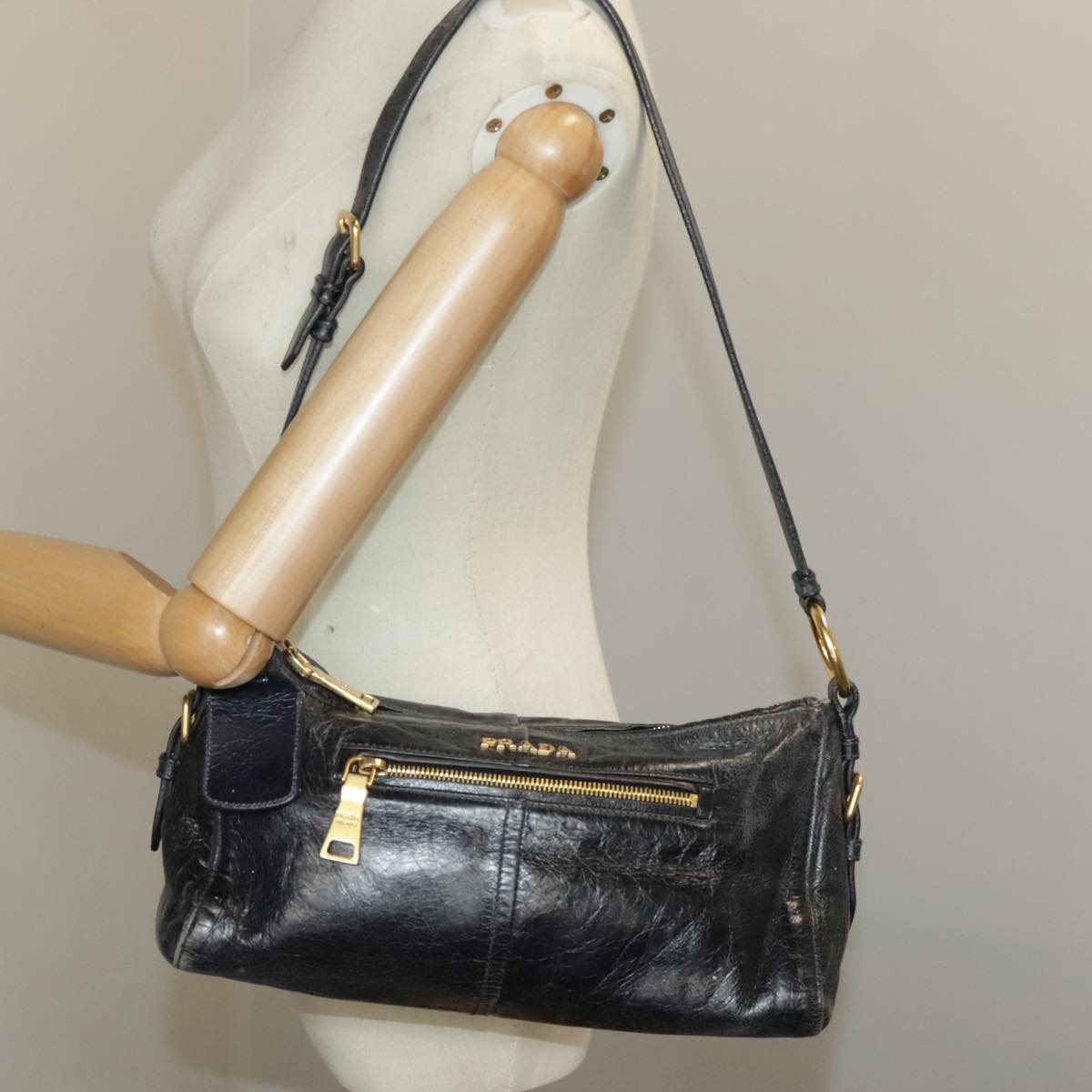 PRADA Shoulder Bag Leather Black Gold Auth bs19452