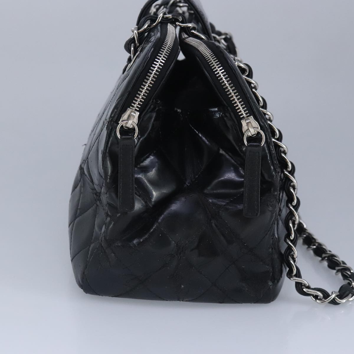 CHANEL Chain Shoulder Bag Patent leather Black Silver CC Auth bs19455