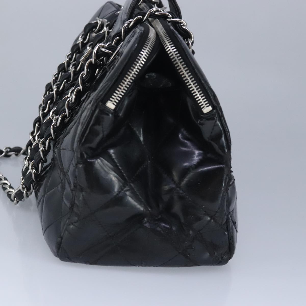 CHANEL Chain Shoulder Bag Patent leather Black Silver CC Auth bs19455