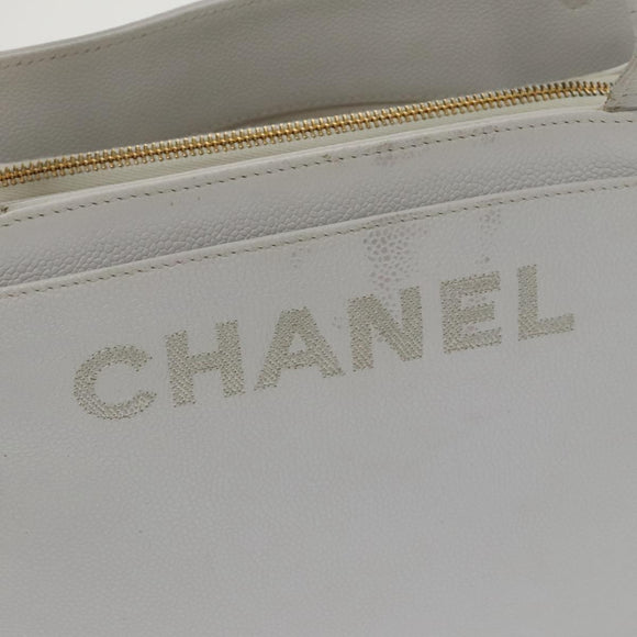 CHANEL Shoulder Bag Caviar Skin White Gold CC Auth bs19456