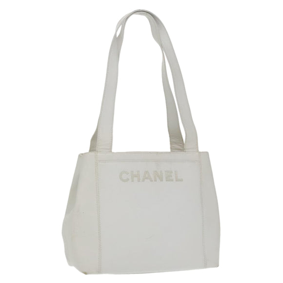 CHANEL Shoulder Bag Caviar Skin White Gold CC Auth bs19456