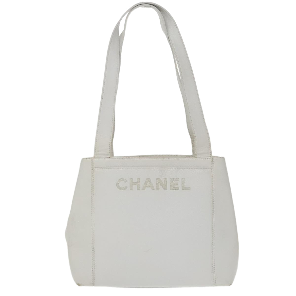 CHANEL Shoulder Bag Caviar Skin White Gold CC Auth bs19456