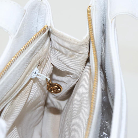 CHANEL Shoulder Bag Caviar Skin White Gold CC Auth bs19456