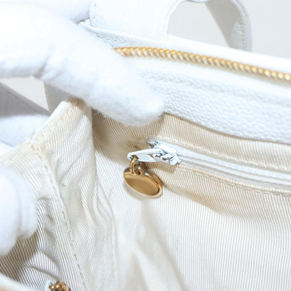 CHANEL Shoulder Bag Caviar Skin White Gold CC Auth bs19456