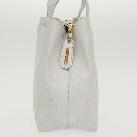 CHANEL Shoulder Bag Caviar Skin White Gold CC Auth bs19456