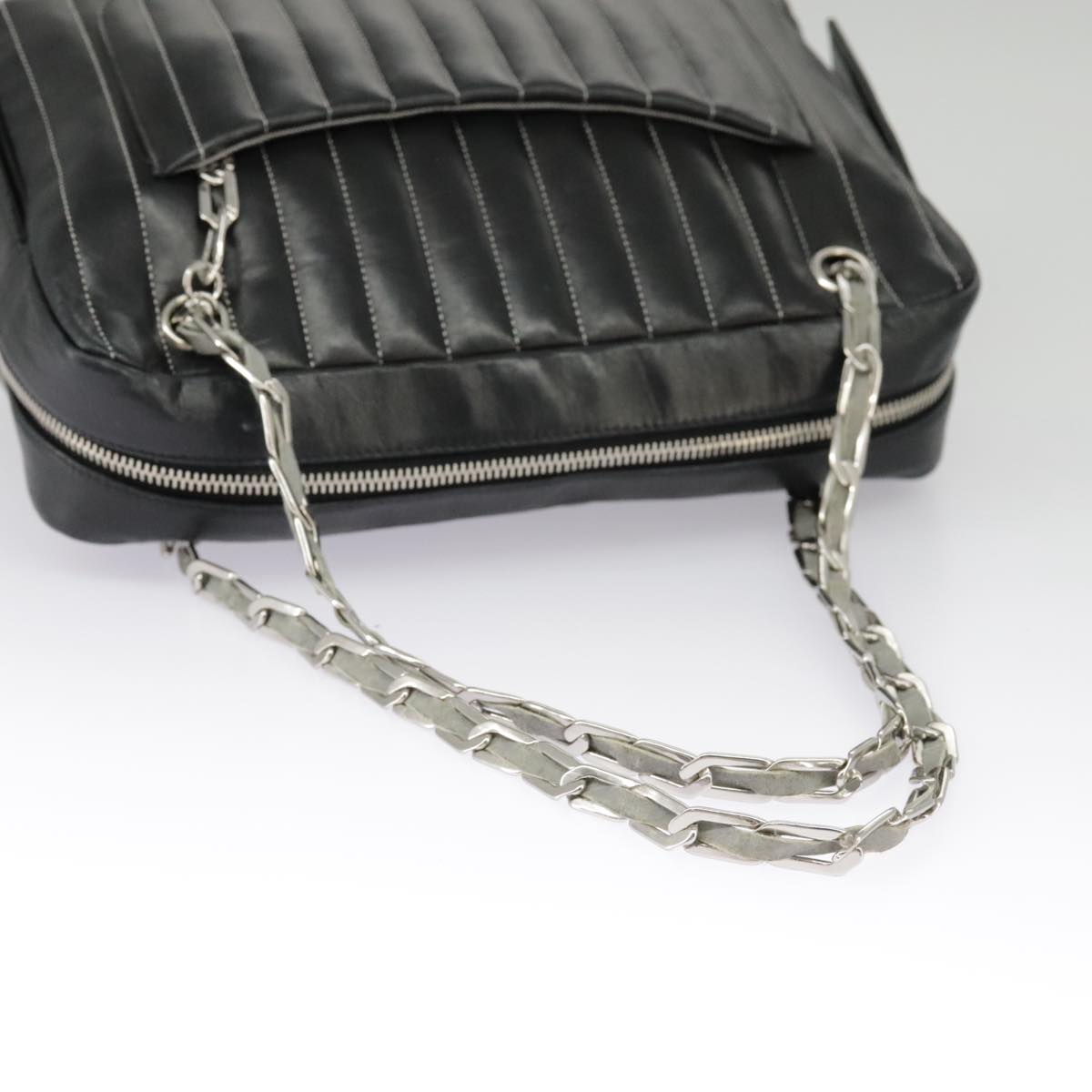 CHANEL Mademoiselle Chain Hand Bag Lamb Skin Silver Black CC Auth bs19458