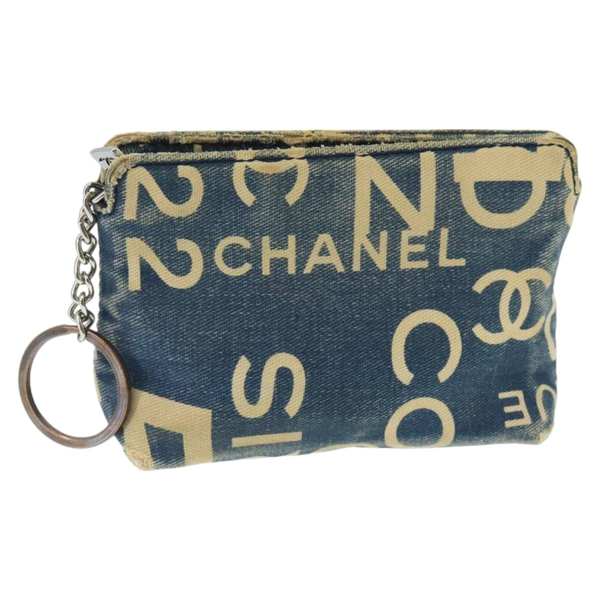 CHANEL Bysy line Coin Purse Canvas Blue Silver CC Auth bs19459