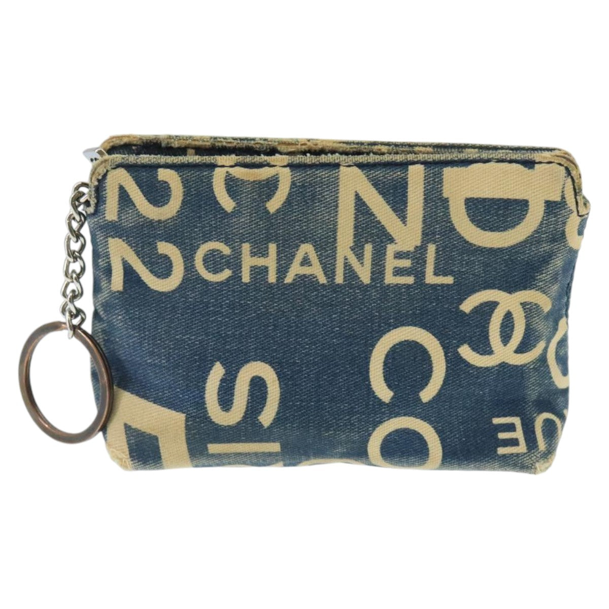 CHANEL Bysy line Coin Purse Canvas Blue Silver CC Auth bs19459