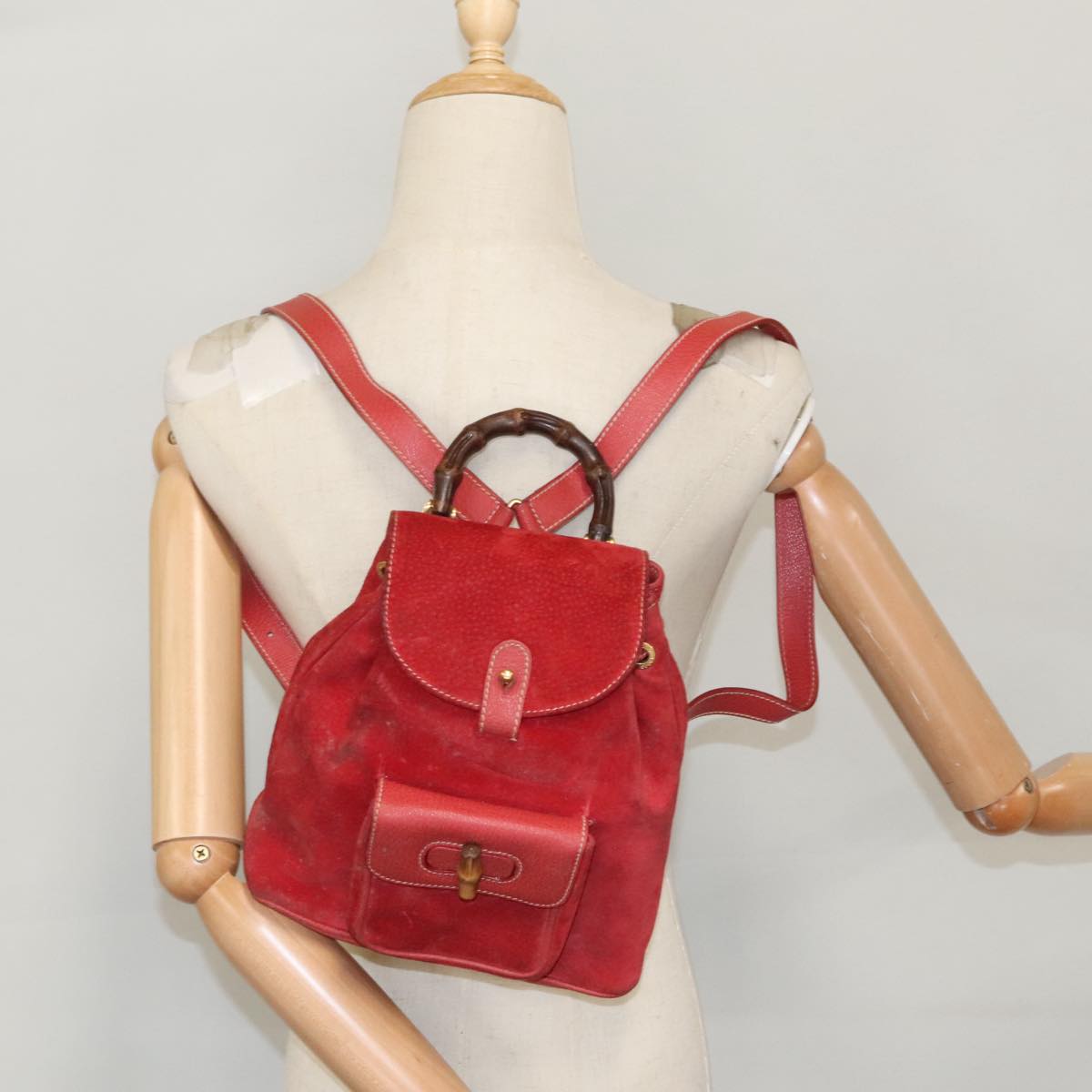 GUCCI Bamboo Backpack Suede Red Gold 003 58 0030 Auth bs19461