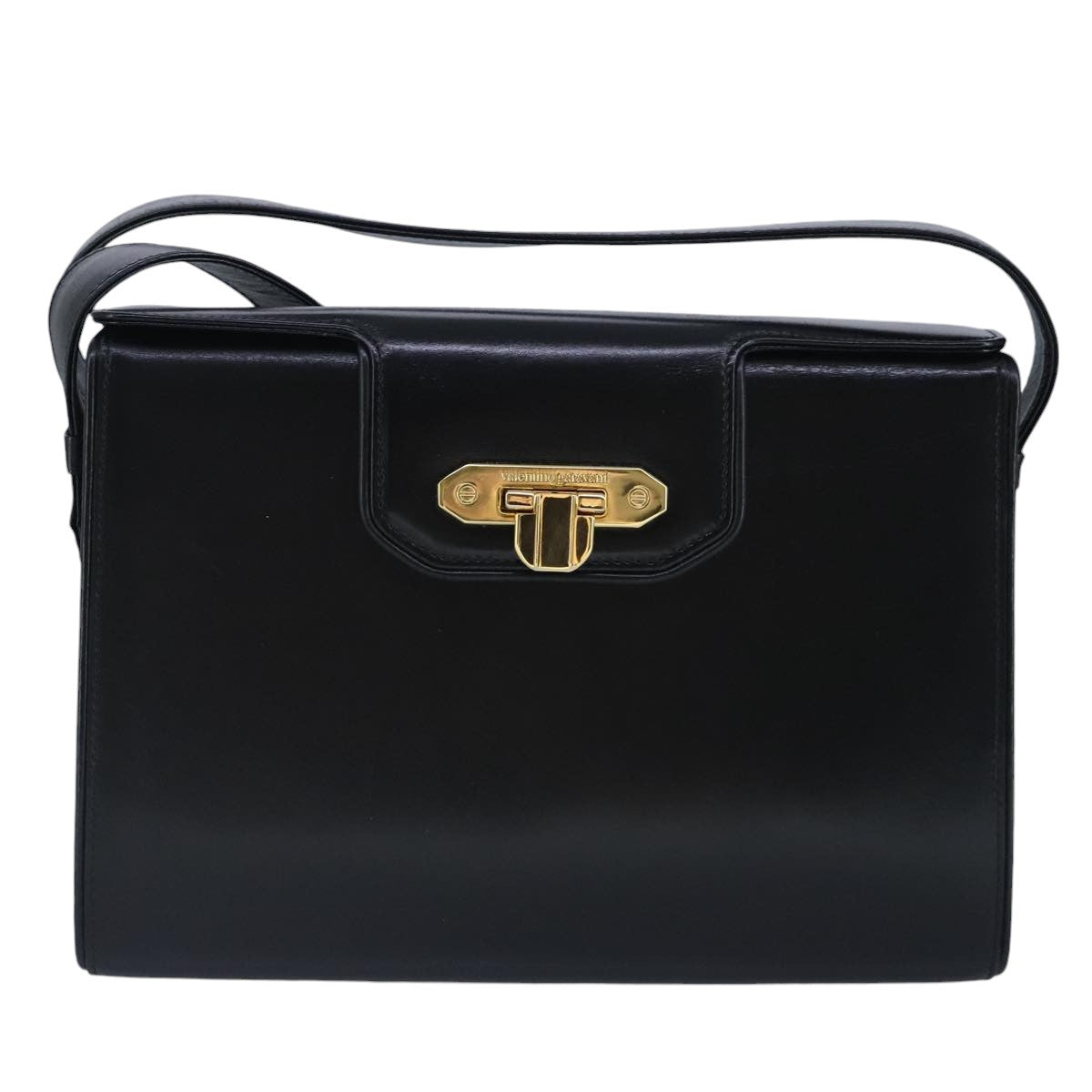 VALENTINO Shoulder Bag Leather Black Gold Auth bs19467