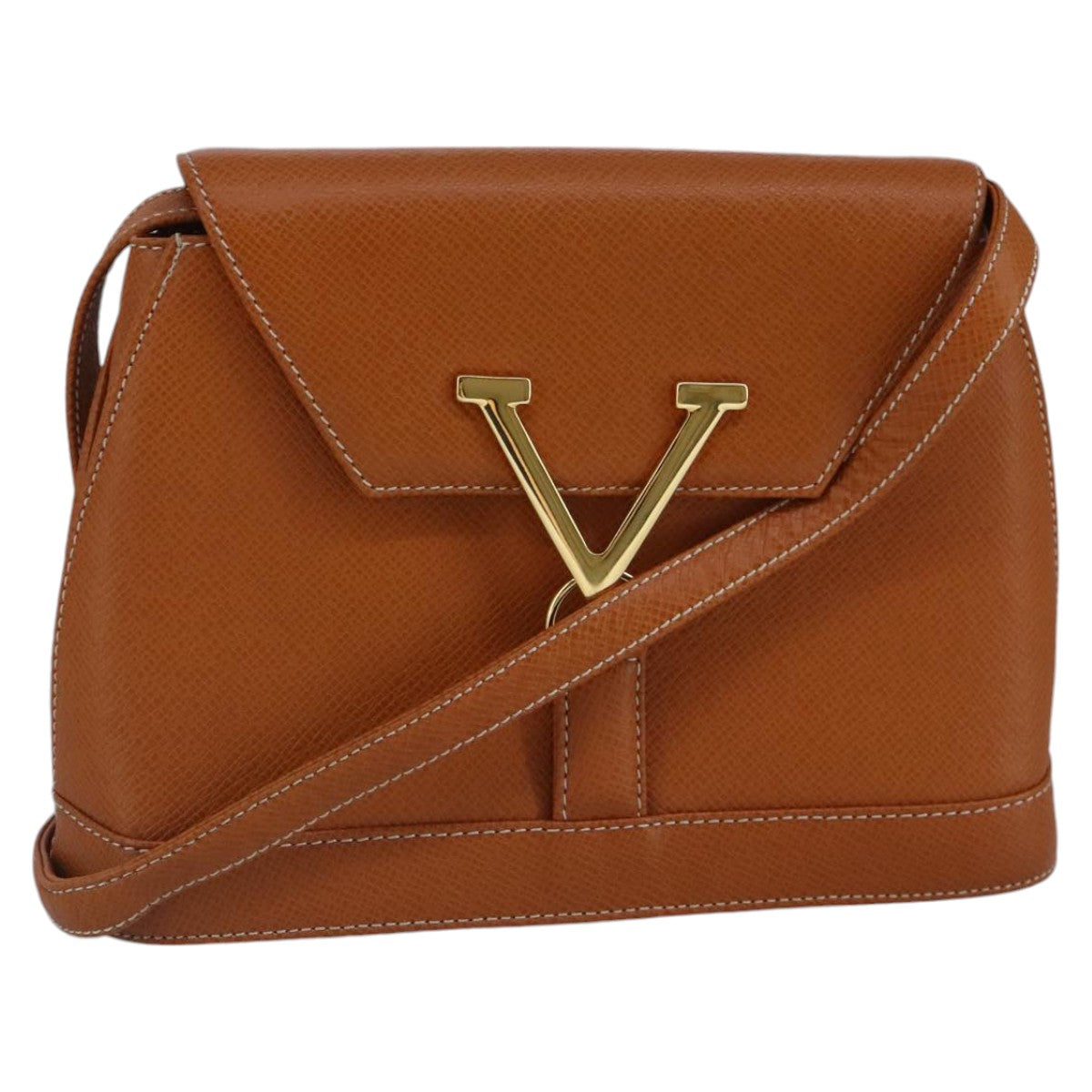 VALENTINO Shoulder Bag Leather Brown Gold Auth bs19468