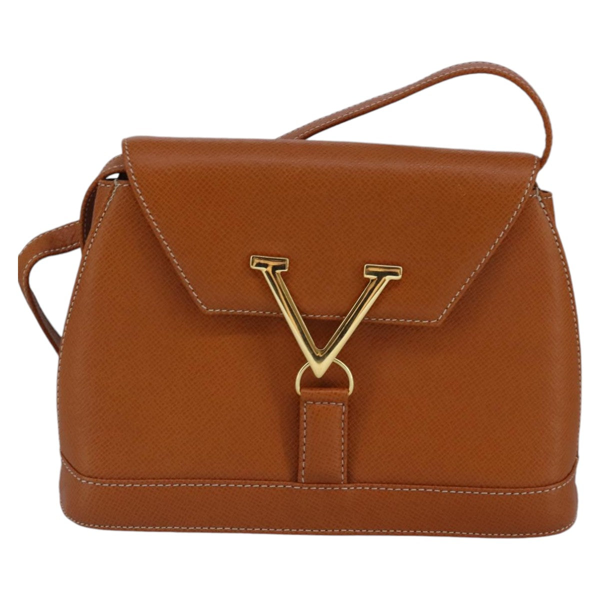 VALENTINO Shoulder Bag Leather Brown Gold Auth bs19468