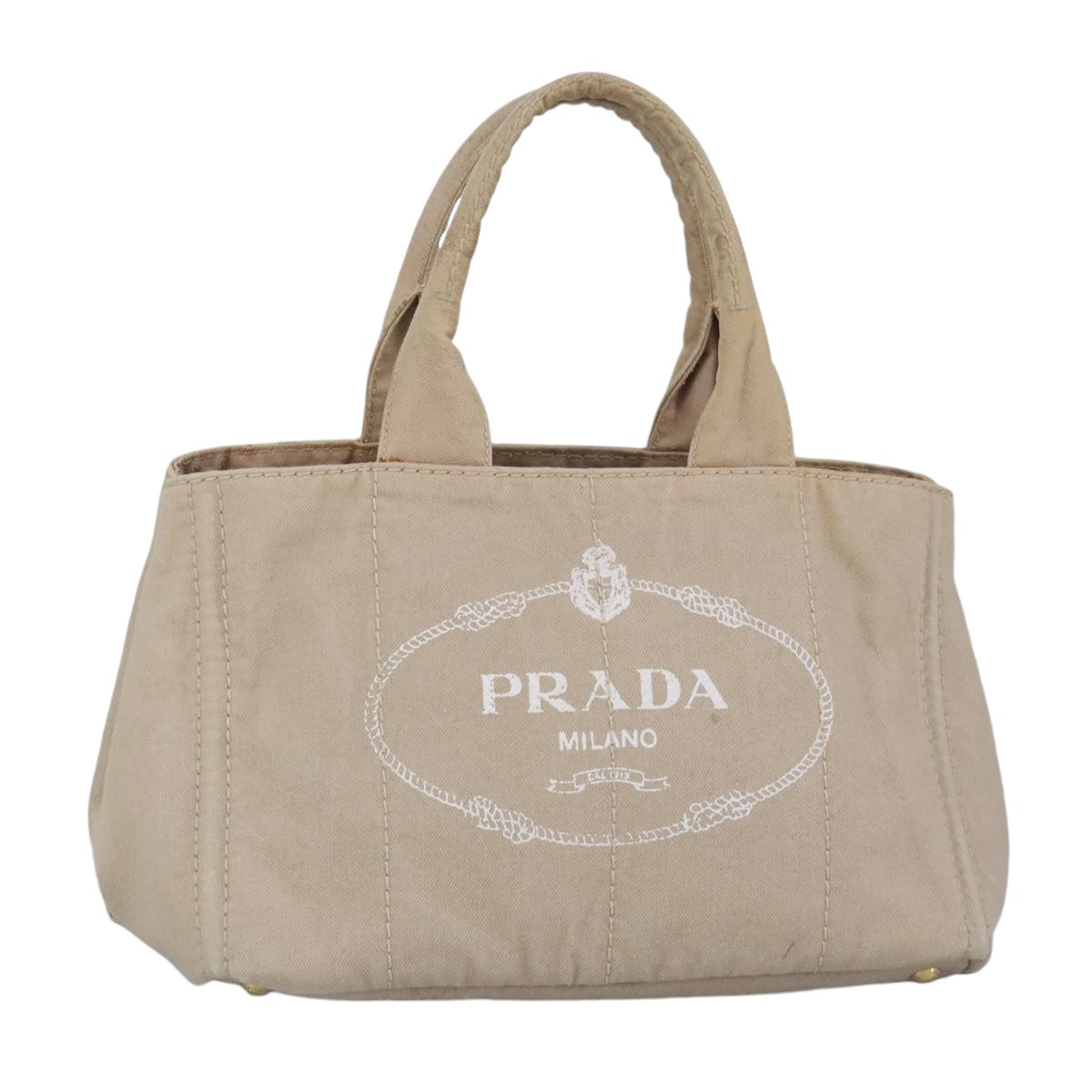 PRADA Canapa MM Hand Bag Canvas Beige Gold Auth bs19474