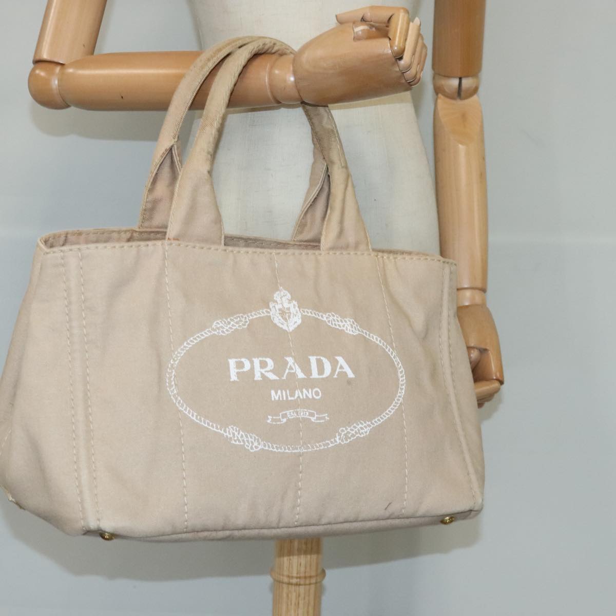 PRADA Canapa MM Hand Bag Canvas Beige Gold Auth bs19474