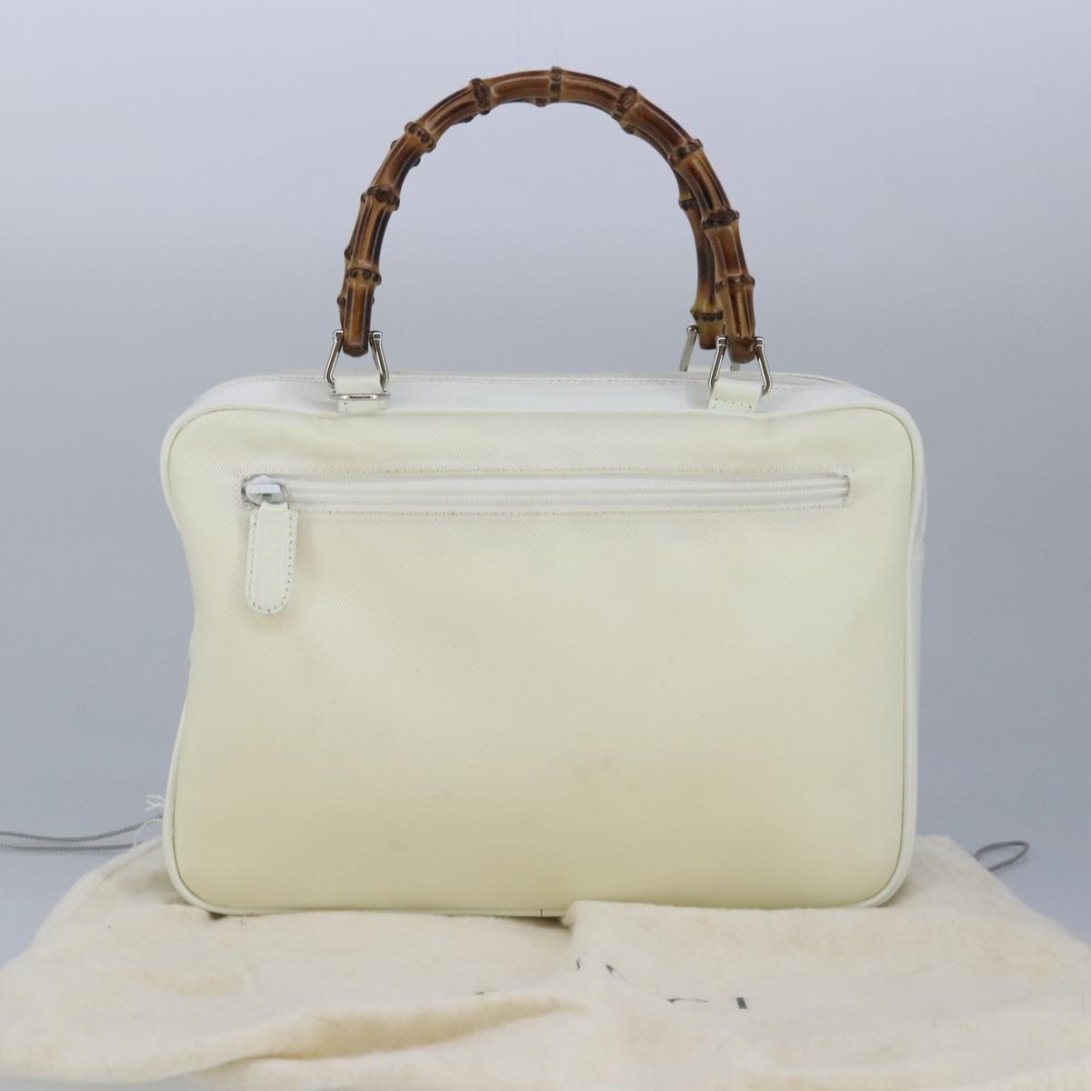 GUCCI Bamboo Hand Bag Nylon Leather White Silver 000 2040 0538 Auth bs19480