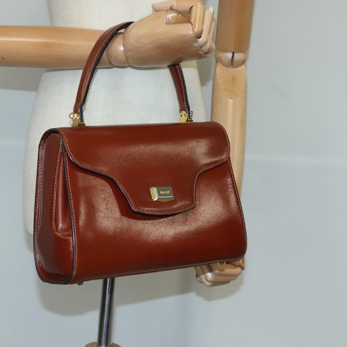 BALLY Hand Bag Leather Brown Gold Auth bs19490