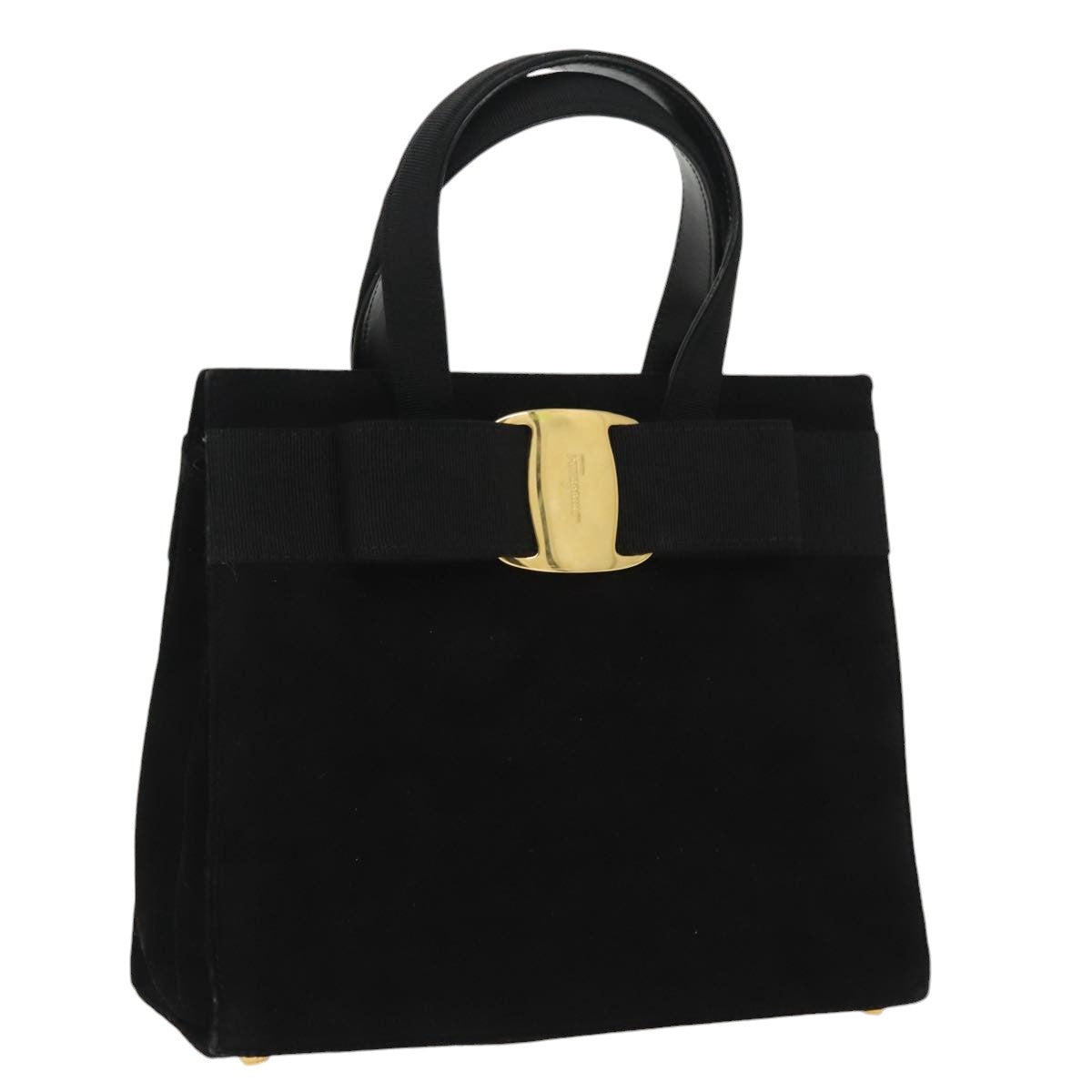 Salvatore Ferragamo Vala Hand Bag Suede Black Gold Auth bs19493