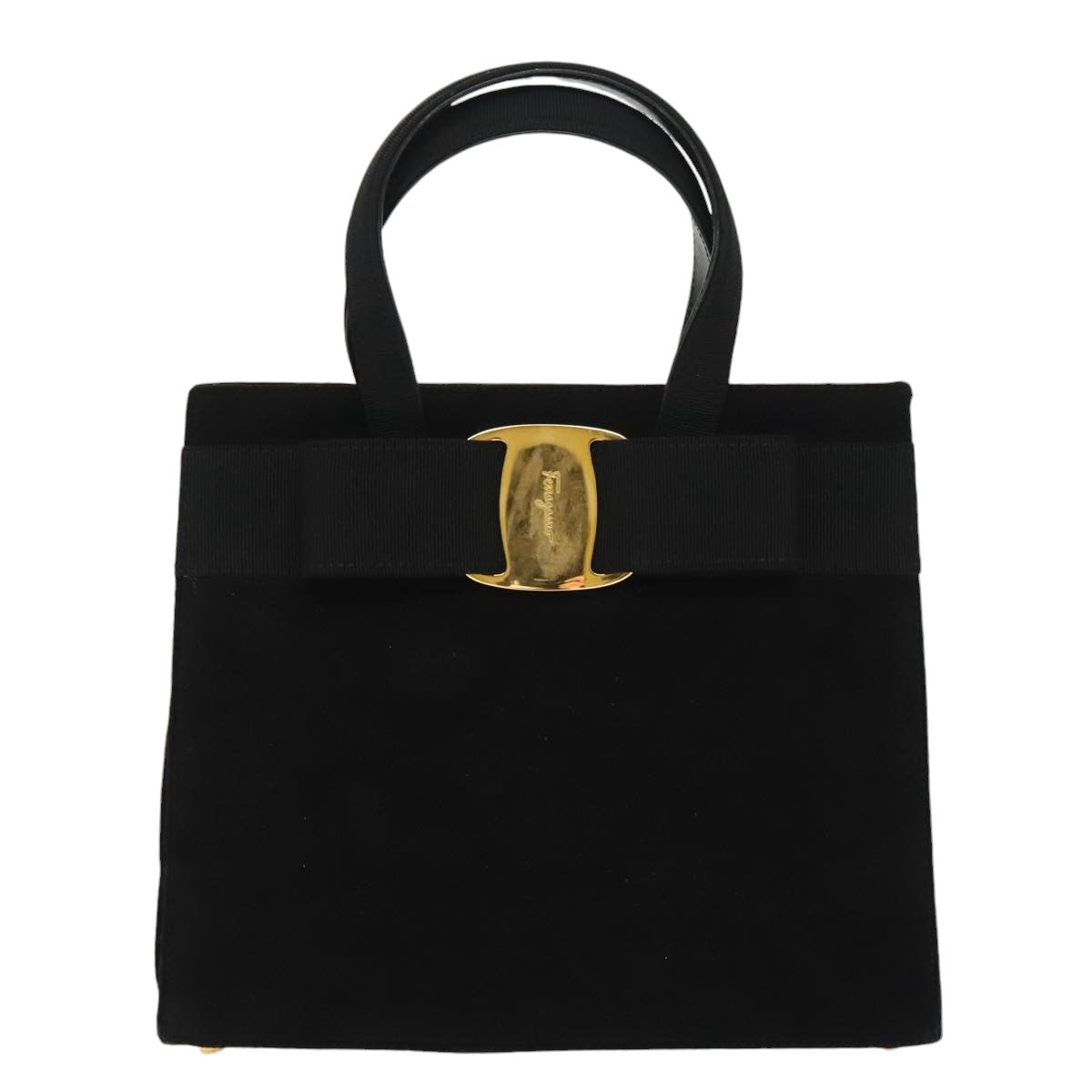 Salvatore Ferragamo Vala Hand Bag Suede Black Gold Auth bs19493