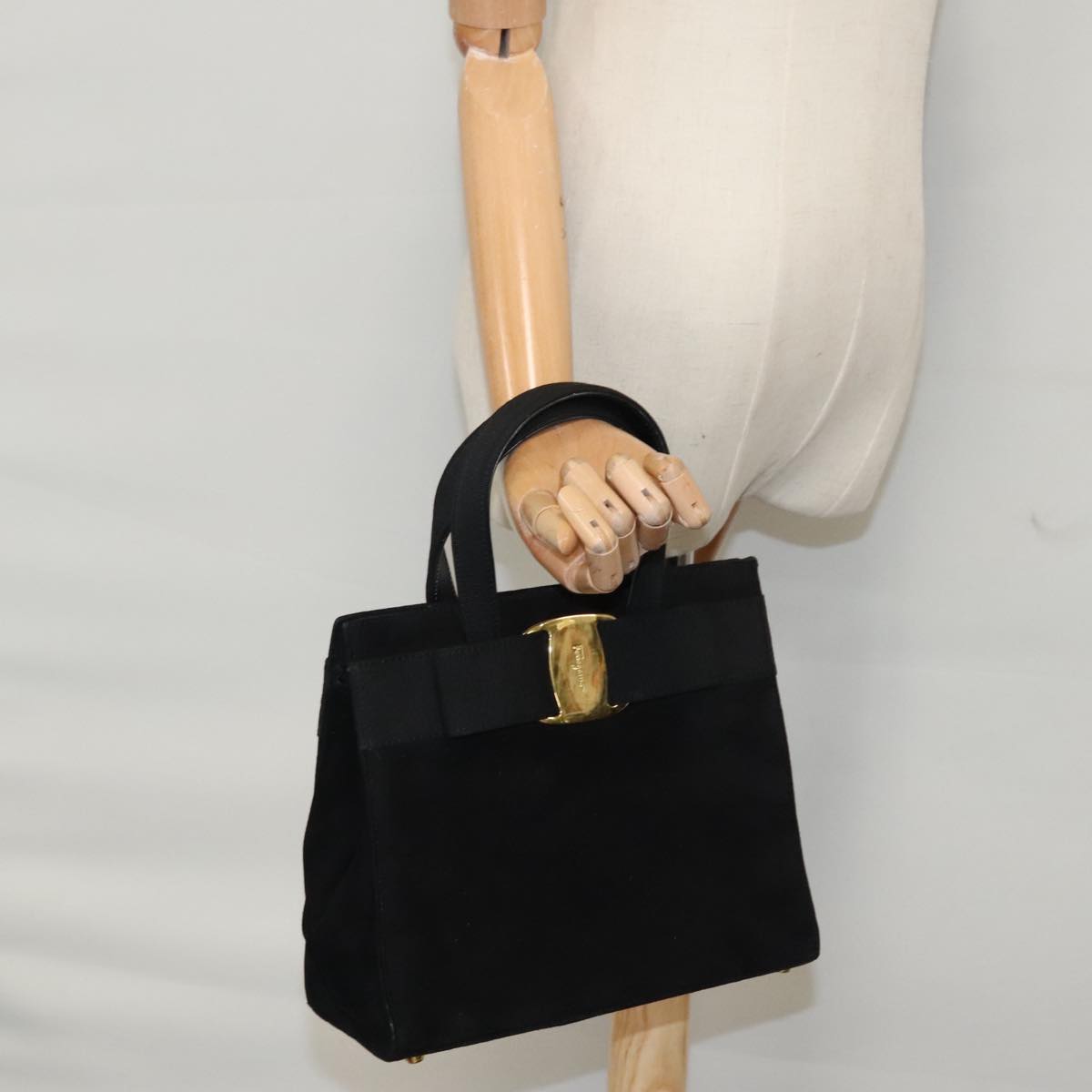 Salvatore Ferragamo Vala Hand Bag Suede Black Gold Auth bs19493