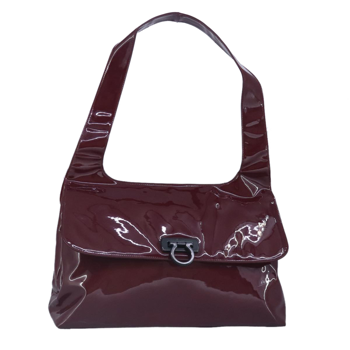 Salvatore Ferragamo Gancini Shoulder Bag Enamel Wine Red Auth bs19494