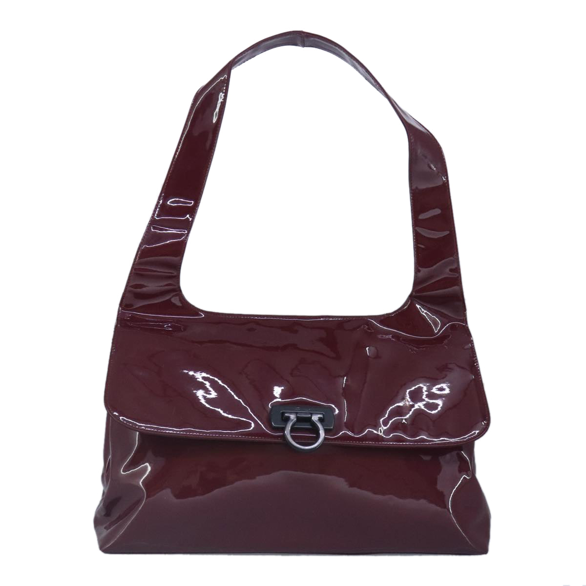 Salvatore Ferragamo Gancini Shoulder Bag Enamel Wine Red Auth bs19494 - 0