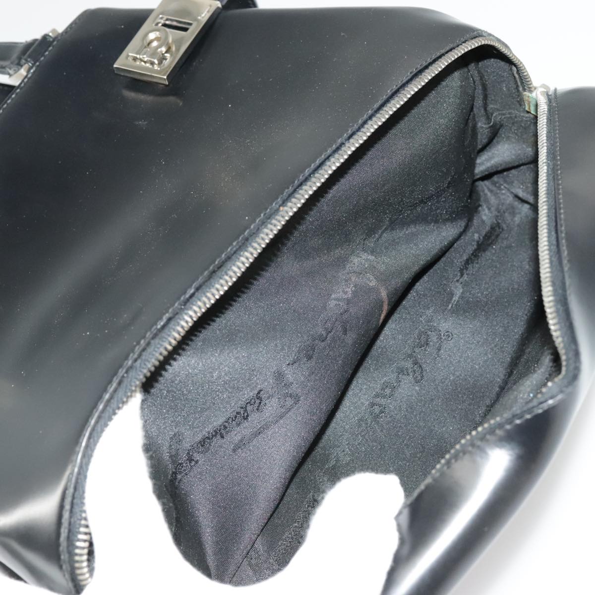 Salvatore Ferragamo Gancini Hand Bag Leather Black Silver Auth bs19495