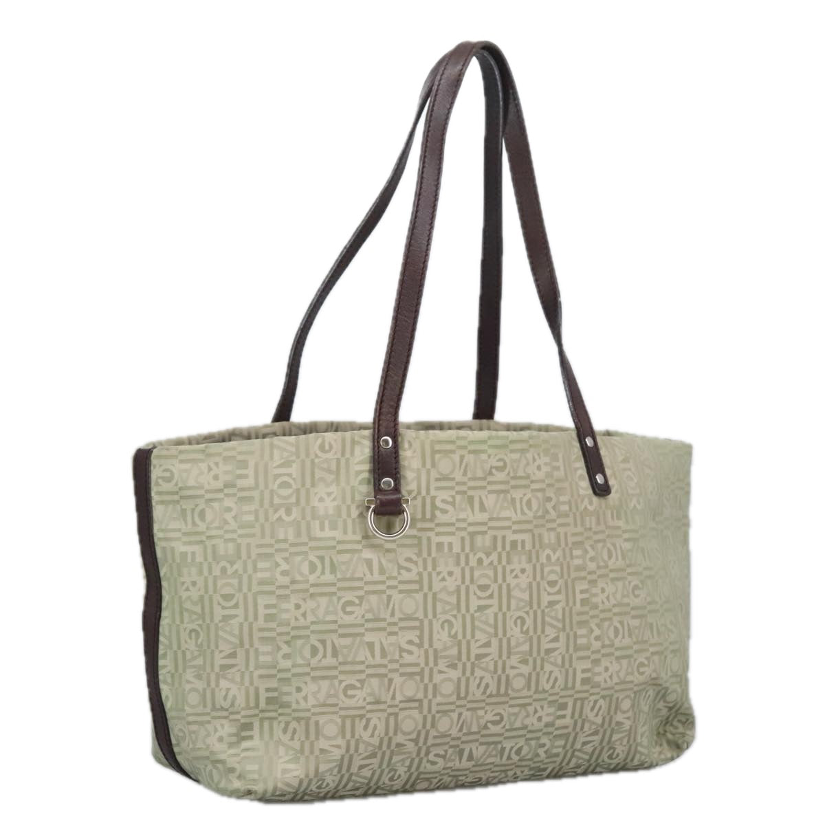 Salvatore Ferragamo Gancini Tote Bag Canvas Green Brown Silver Auth bs19496